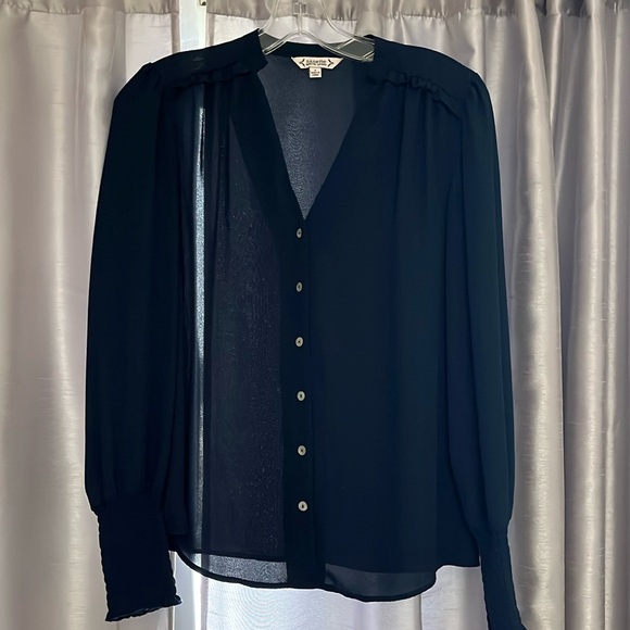 Nanette Lepore S navy blue blouses neck long sleeve with ruching pleated should - Picture 1 of 12